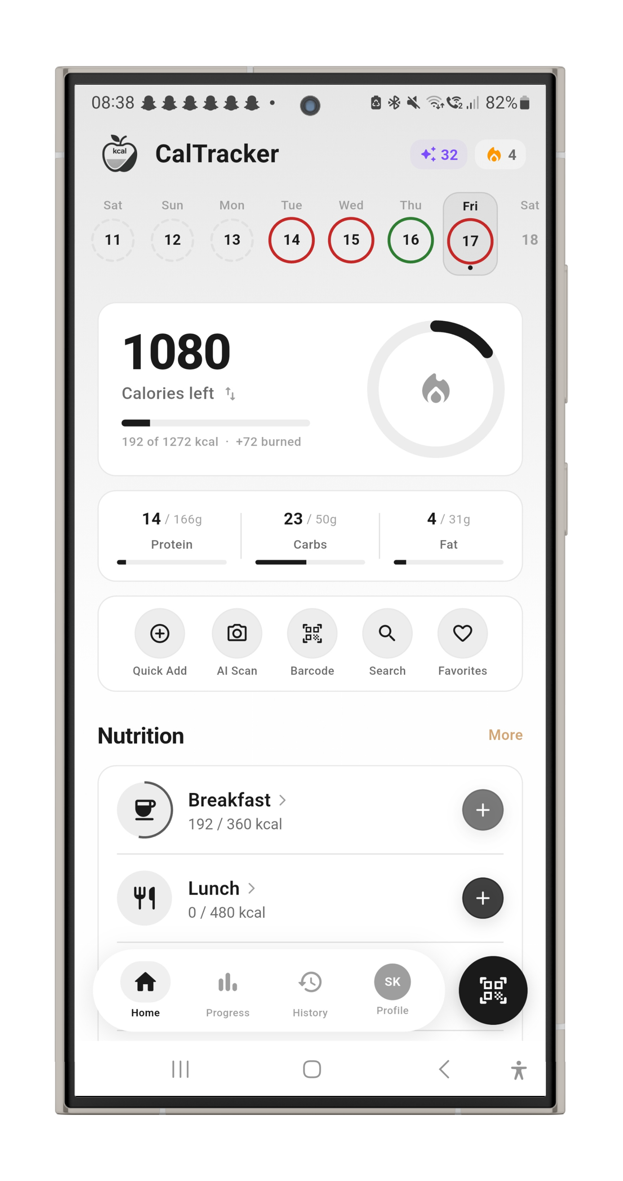 CalTracker Home Screen