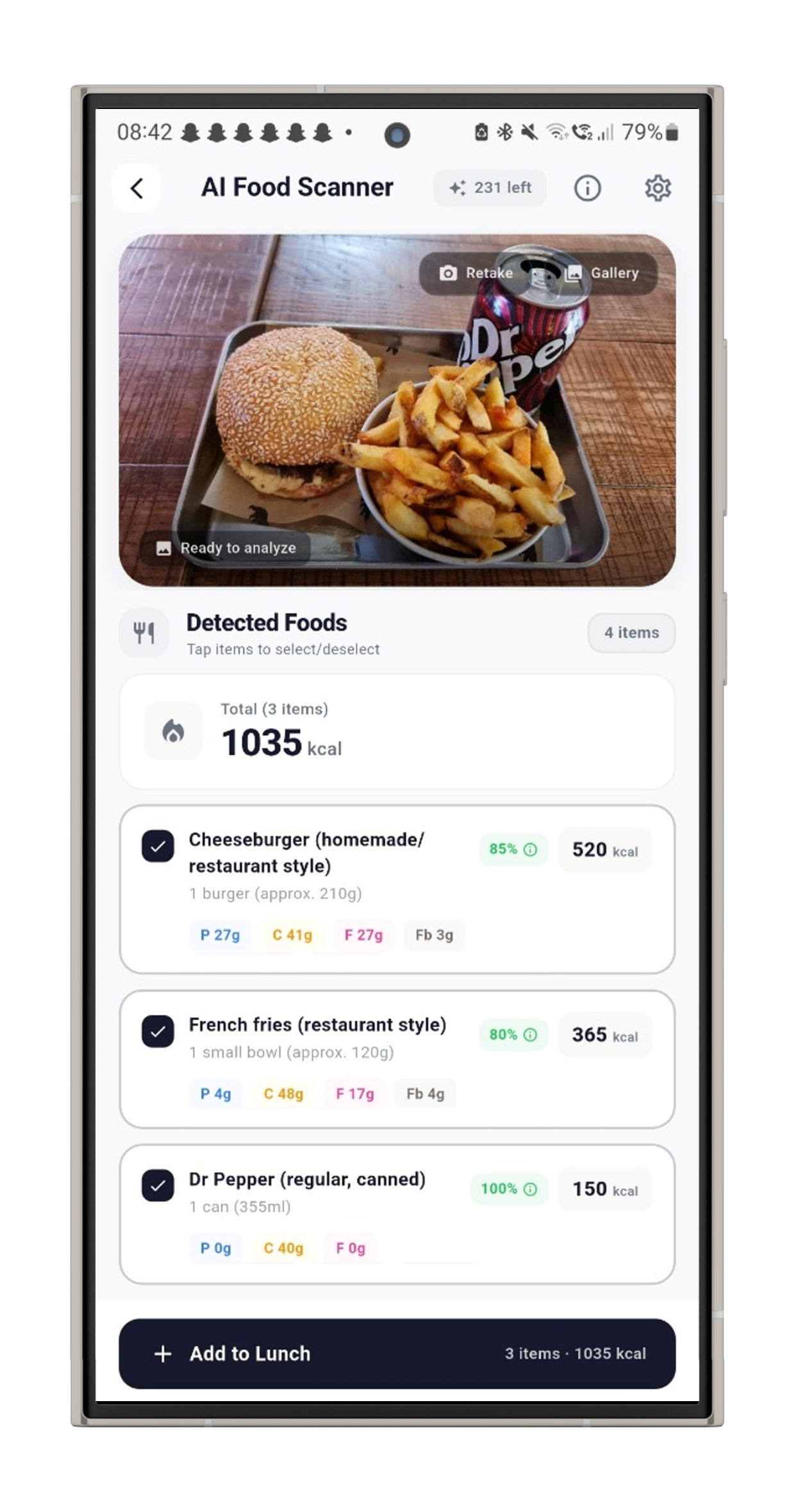 AI food scanner recognising a meal and estimating calories
