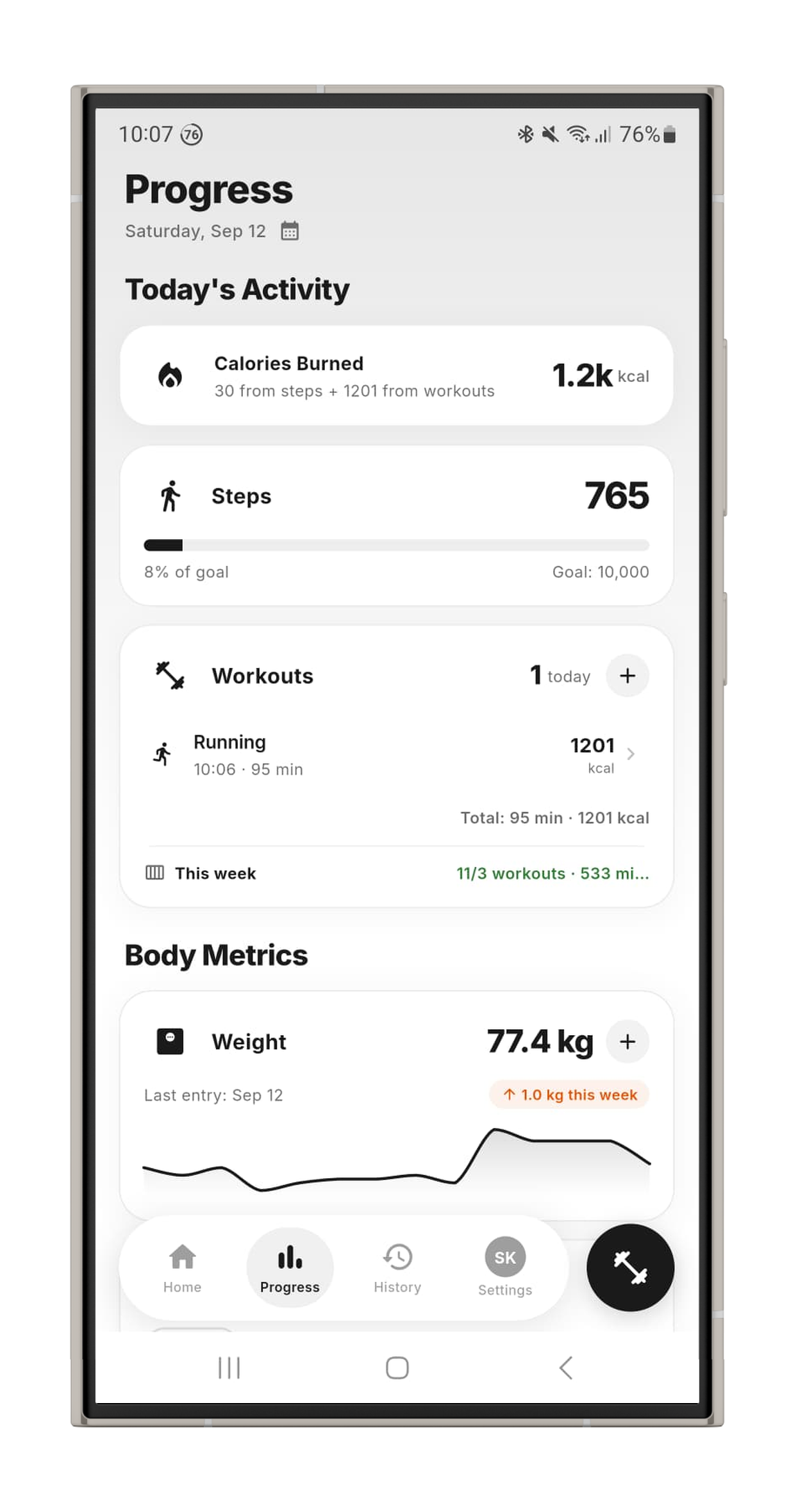 Weekly calorie and macro statistics and progress charts
