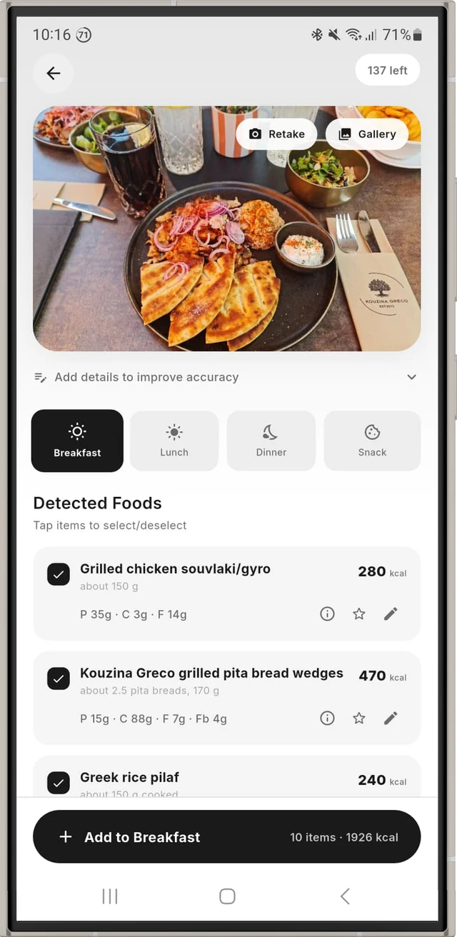 CalTracker AI food scanner detecting the foods in a meal photo